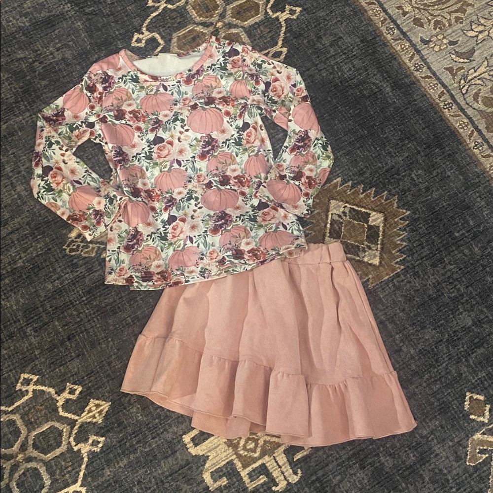 Girls boutique fall outfit sx 6/7 pumpkin print pink skirt top
